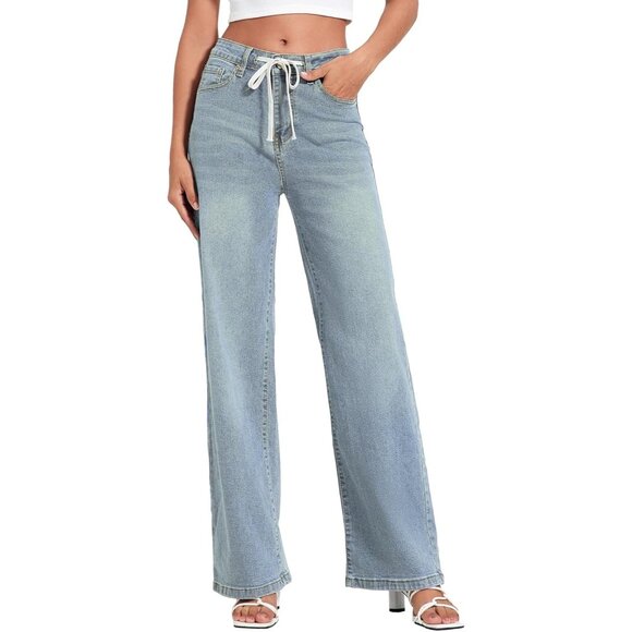Womens High Waist Wide Leg Denim Jeans Drawstring Casual Cotton Polyester - Picture 3 of 7